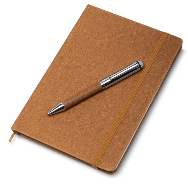 Kit caderno de anotações e caneta.